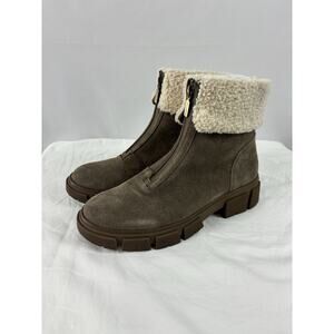 Blondo Plaza Suede Ankle Boots Taupe Tan Sheepskin 8 Zip Up Lug Sole